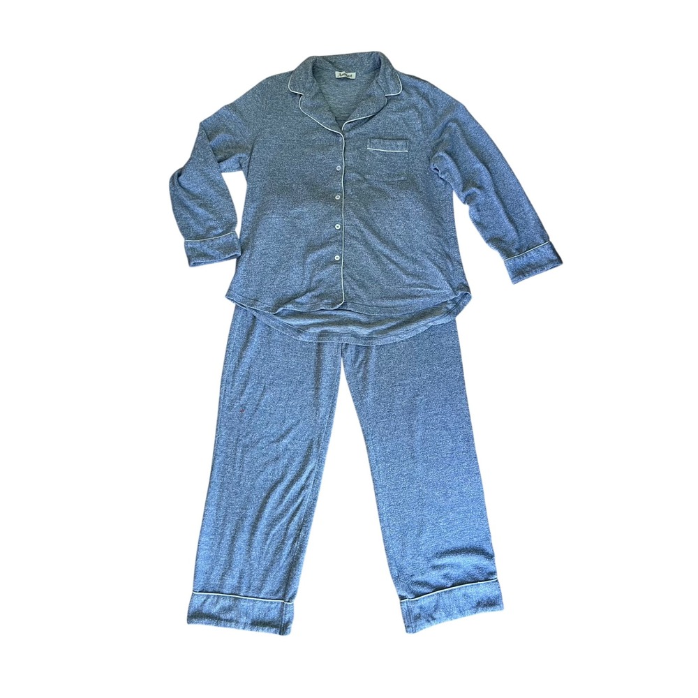 Aamikast Womens Blue Heathered Pajama Set Long Sleeve Button Down Loungewear L